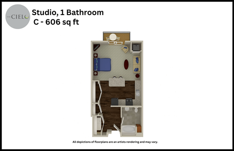 a floor plan of a studio 1 bathroom c 606 sq ft